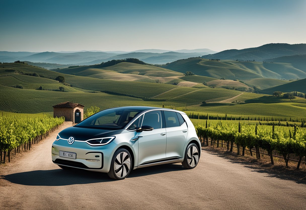 A scenic view of rolling hills and vineyards in Tuscany with a Volkswagen ID.3 charging at a rural station, showcasing the allure of EV travel in Italy