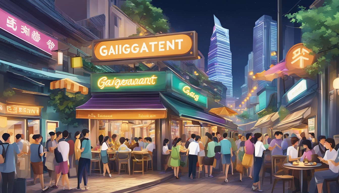 A bustling street in Singapore with a vibrant sign for "Gaig Restaurant" illuminated against the night sky, surrounded by bustling crowds and colorful architecture