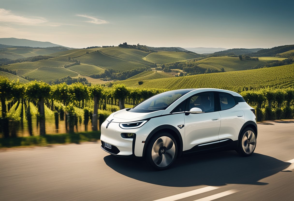 An ID.3 electric car drives through rolling hills and vineyards in Tuscany, passing by rural charging stations