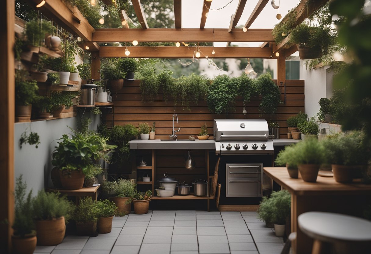 A small outdoor kitchen with a compact grill, sink, and counter space surrounded by potted herbs and hanging lights