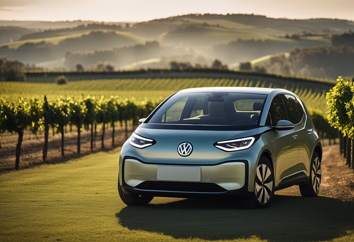 A Volkswagen ID.3 electric car parked in a rural Tuscan landscape, surrounded by rolling hills and vineyards, with a charging station in the background