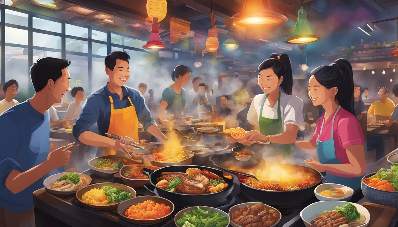 A sizzling mookata grill surrounded by colorful ingredients and steam, with diners enjoying the lively atmosphere at Beyond the Feast bugis restaurant