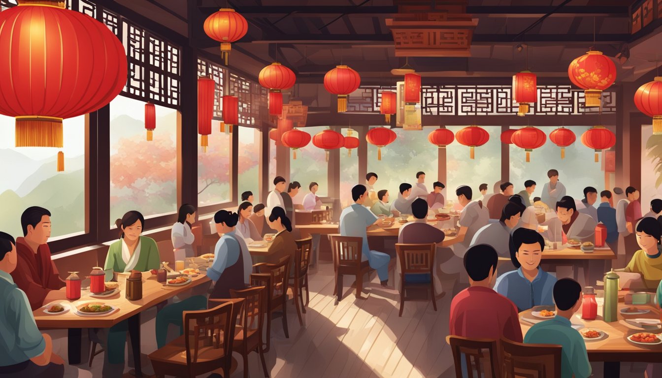 A bustling Chinese restaurant with red lanterns, wooden tables, and the aroma of sizzling stir-fry dishes