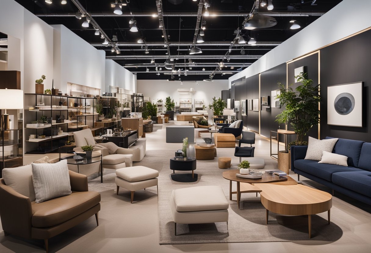 Customers browse through a modern furniture showroom, effortlessly finding what they need. The store layout is clean and organized, with a variety of stylish pieces on display