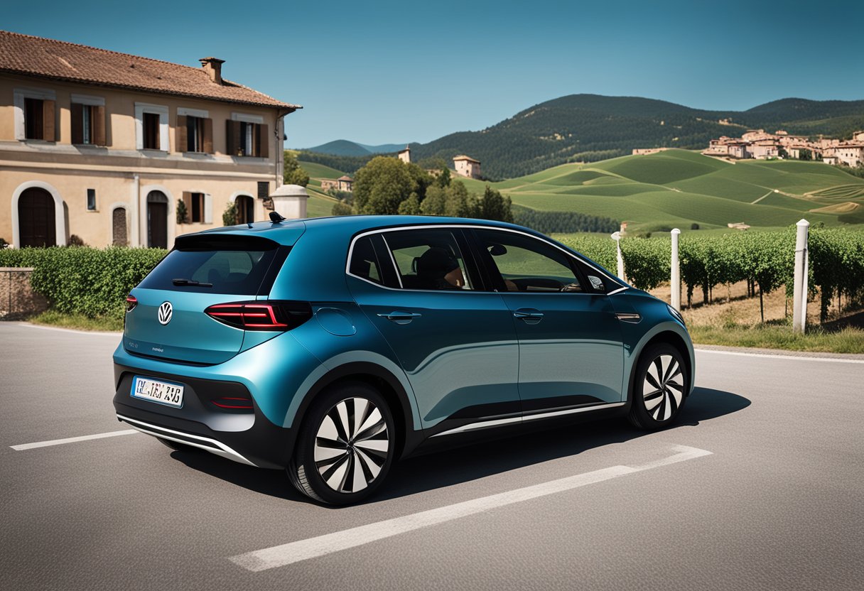 Volkswagen ID.3 charging at rural Italian station, surrounded by rolling hills and historic buildings