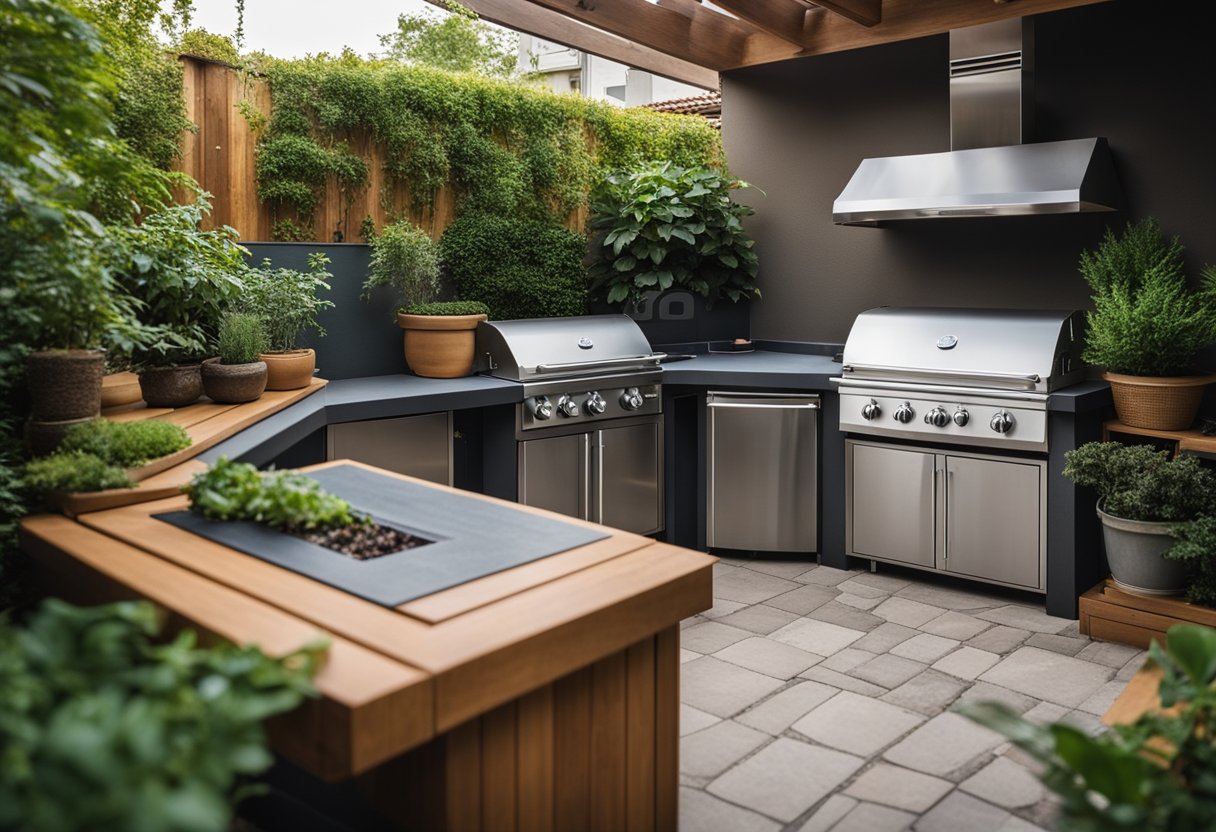 A compact outdoor kitchen with built-in grill, sink, and storage. Surrounded by potted plants, herbs, and a small dining area