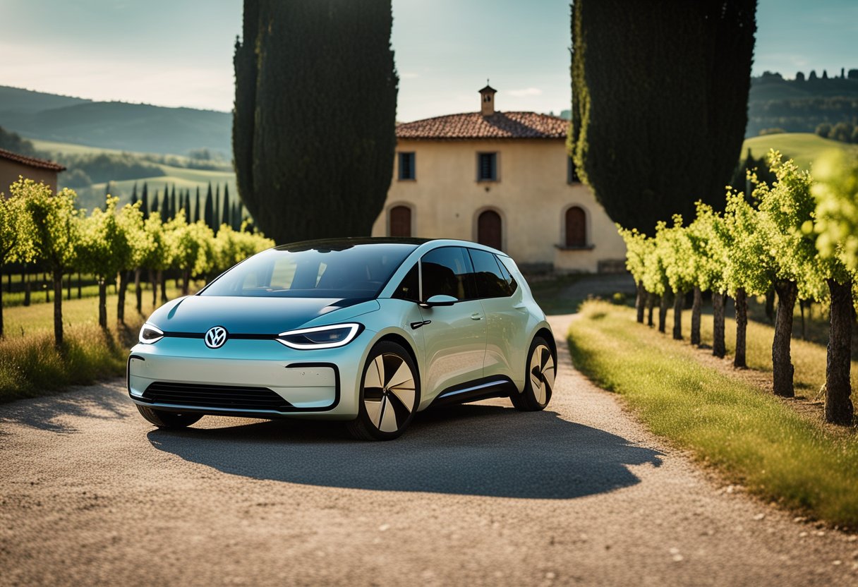 A picturesque Tuscan landscape with rolling hills, vineyards, and cypress trees. A Volkswagen ID.3 electric vehicle charges at a rural charging station, surrounded by the beauty of the Italian countryside