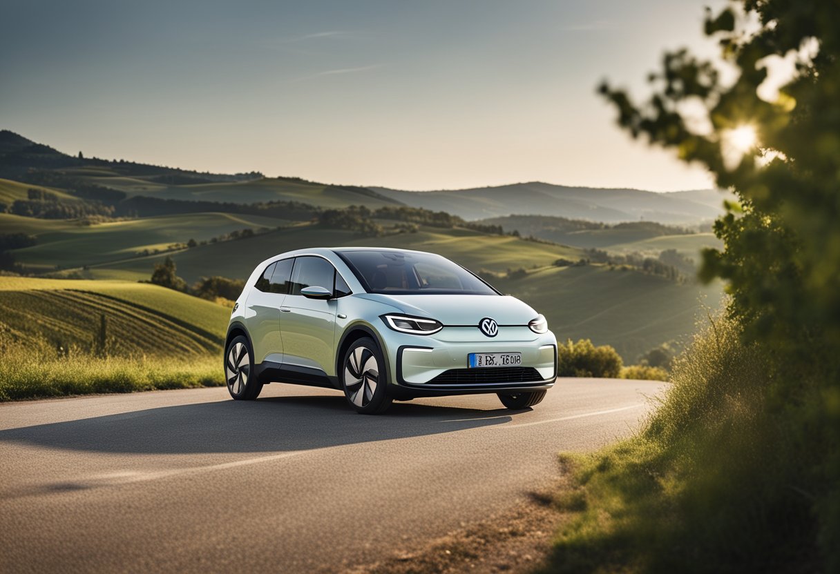 A Volkswagen ID.3 electric car drives through the picturesque Tuscan countryside, stopping at various rural charging stations along the way