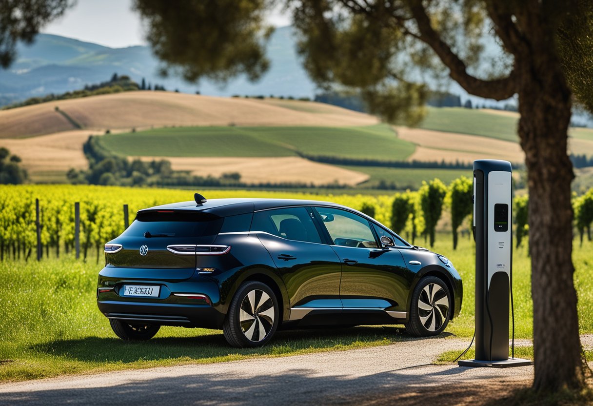 ID.3 EV parked in scenic Tuscany, surrounded by rolling hills and vineyards. Charging station in background, showcasing rural charging network