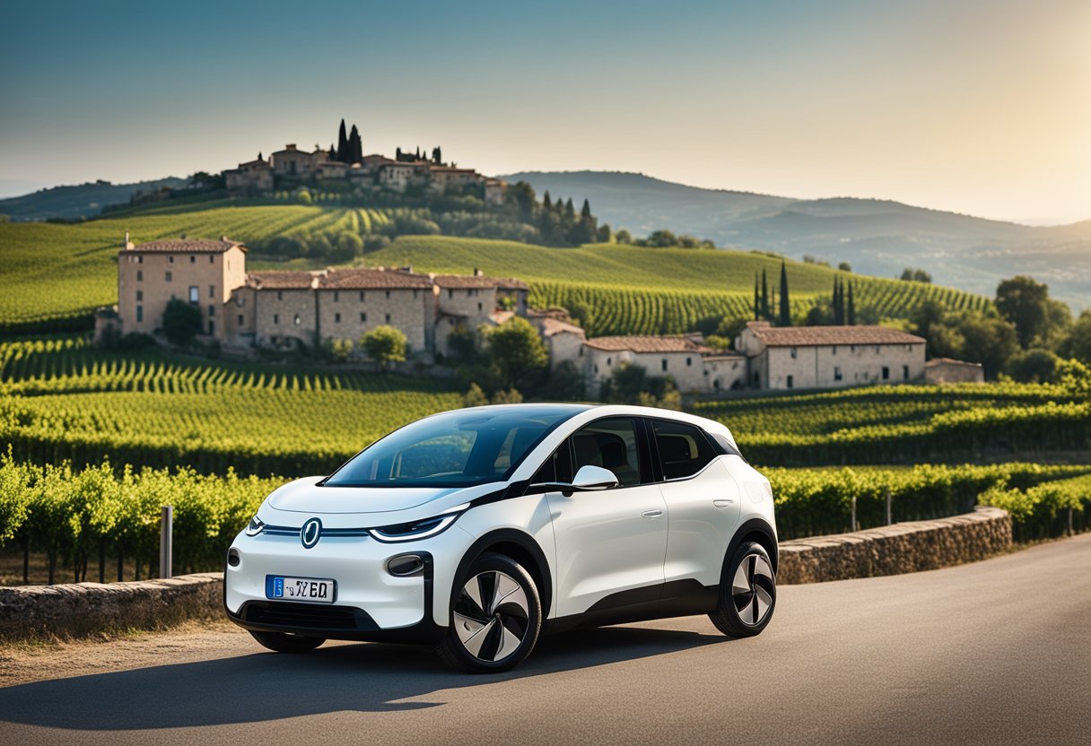 The ID.3 electric car parked in a picturesque Tuscan village, surrounded by rolling hills and vineyards, with a charging station in the background