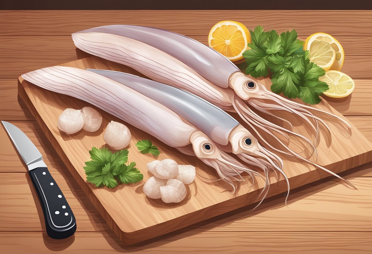 Fresh squid being sliced into thin strips on a cutting board with a sharp knife and arranged neatly on a plate