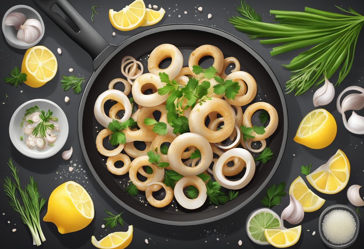 Sizzling squid rings in a hot pan, surrounded by sizzling garlic, onions, and herbs, with a sprinkle of lemon juice and a dash of salt
