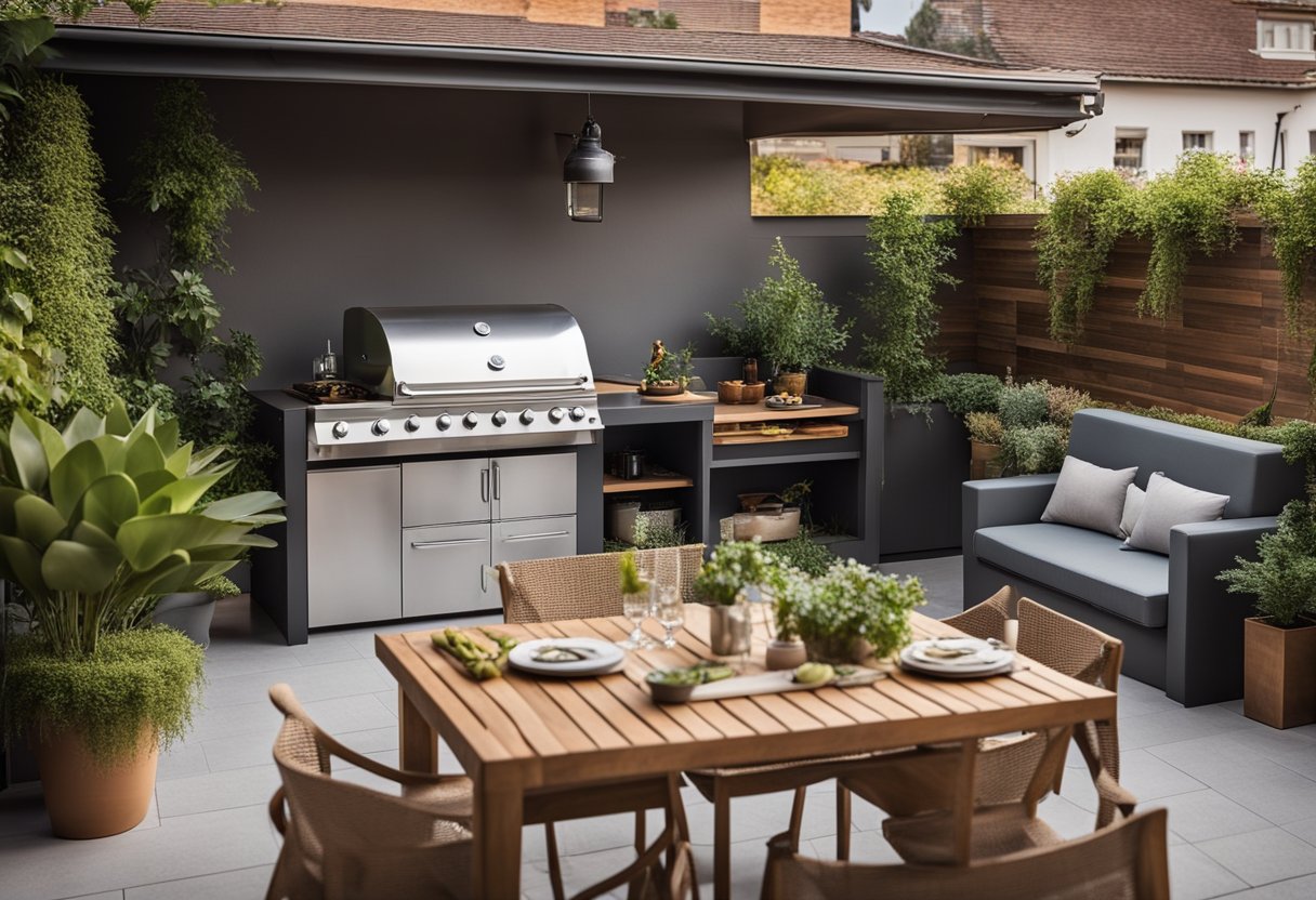 A compact outdoor kitchen with built-in grill, sink, and storage. Surrounded by potted plants and a small dining area