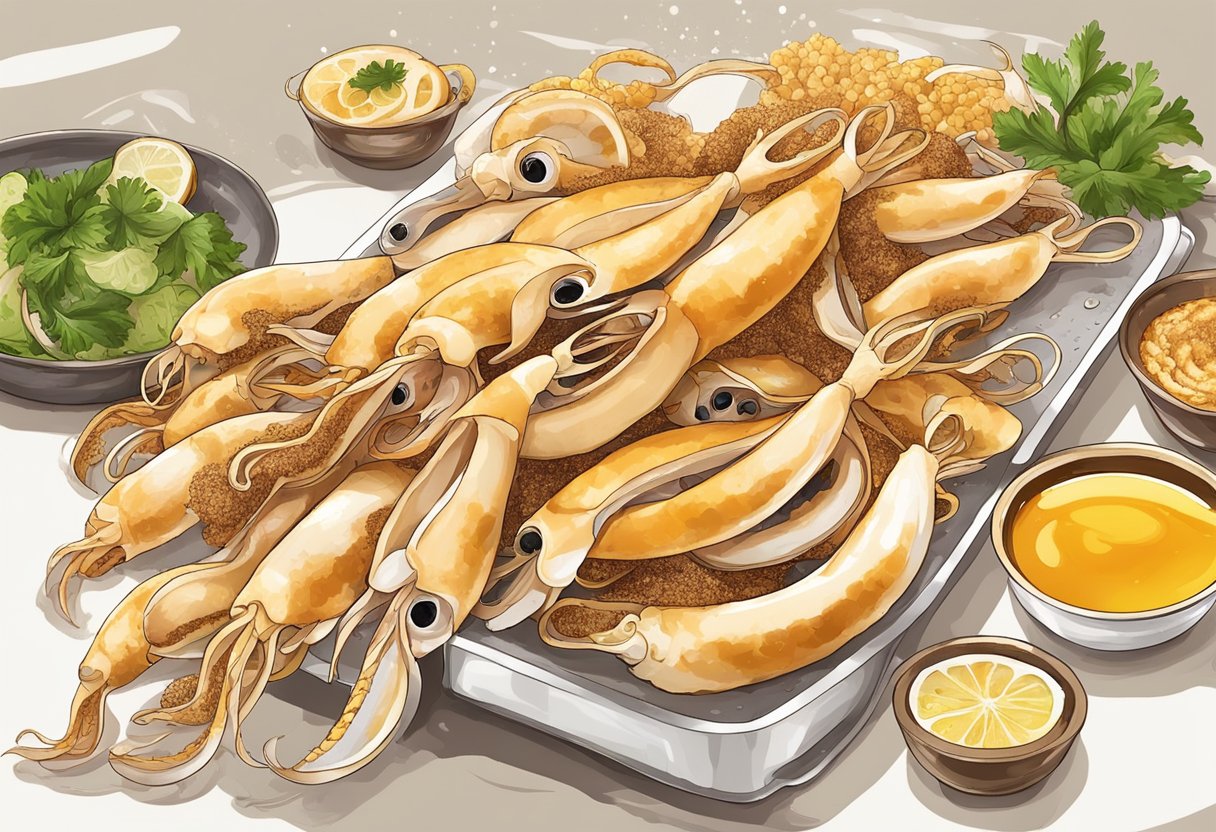 Slicing fresh squid into rings, coating in seasoned flour, and frying in sizzling oil until golden and crispy