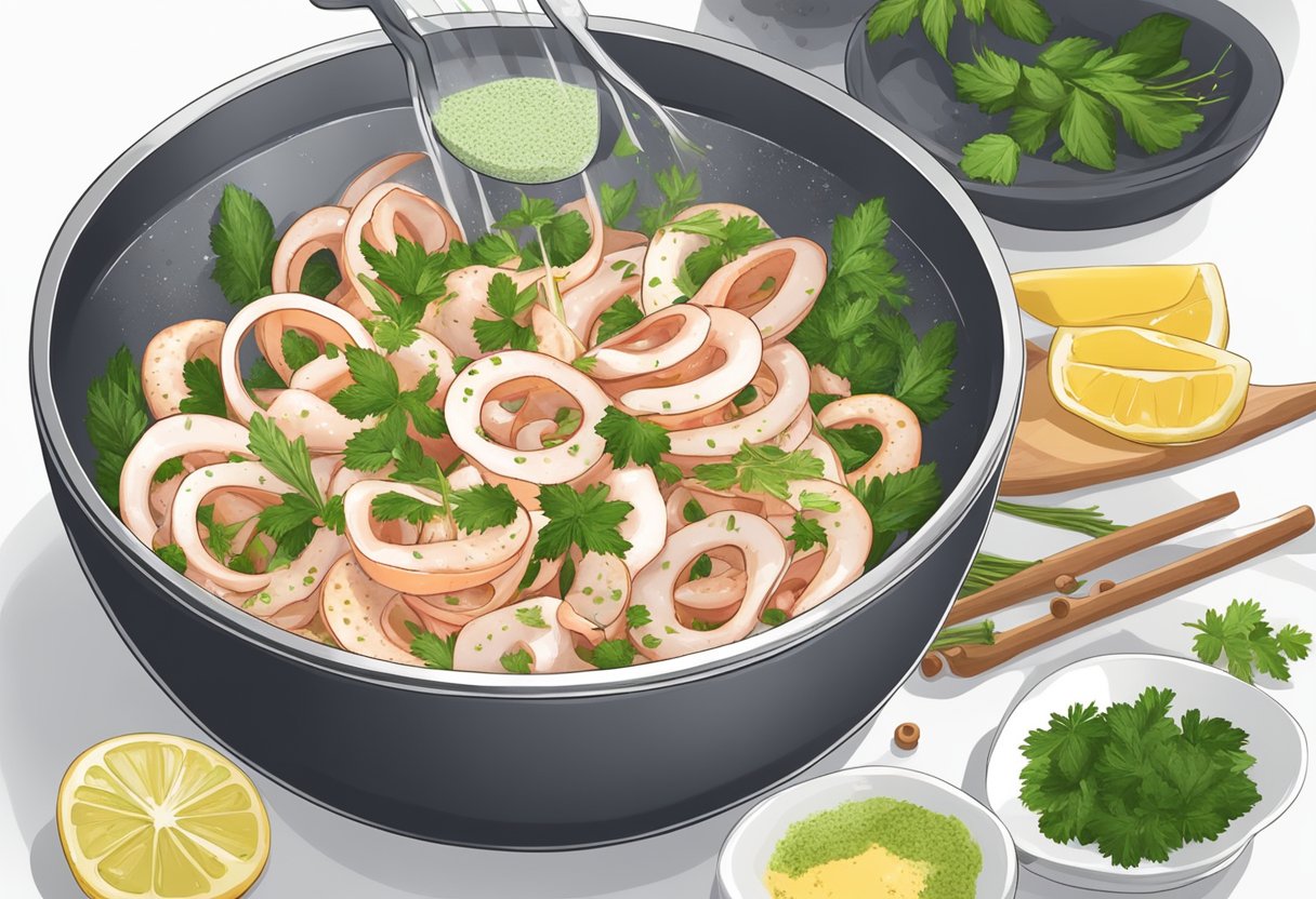 Squid slices being seasoned with herbs and spices in a mixing bowl before being placed on a hot grill