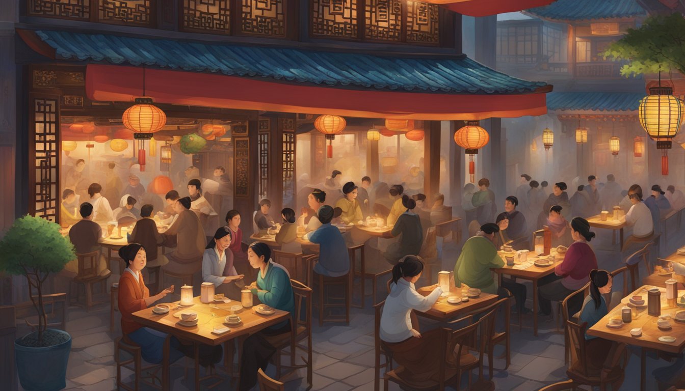 A bustling qin restaurant with steaming dishes, colorful lanterns, and ornate wooden tables. Patrons chat and laugh amidst the lively atmosphere