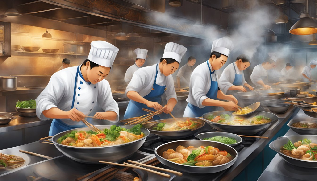 A bustling kitchen with chefs preparing traditional Chinese dishes amidst the aromas of sizzling woks and steaming dumplings at Qīn qin restaurant