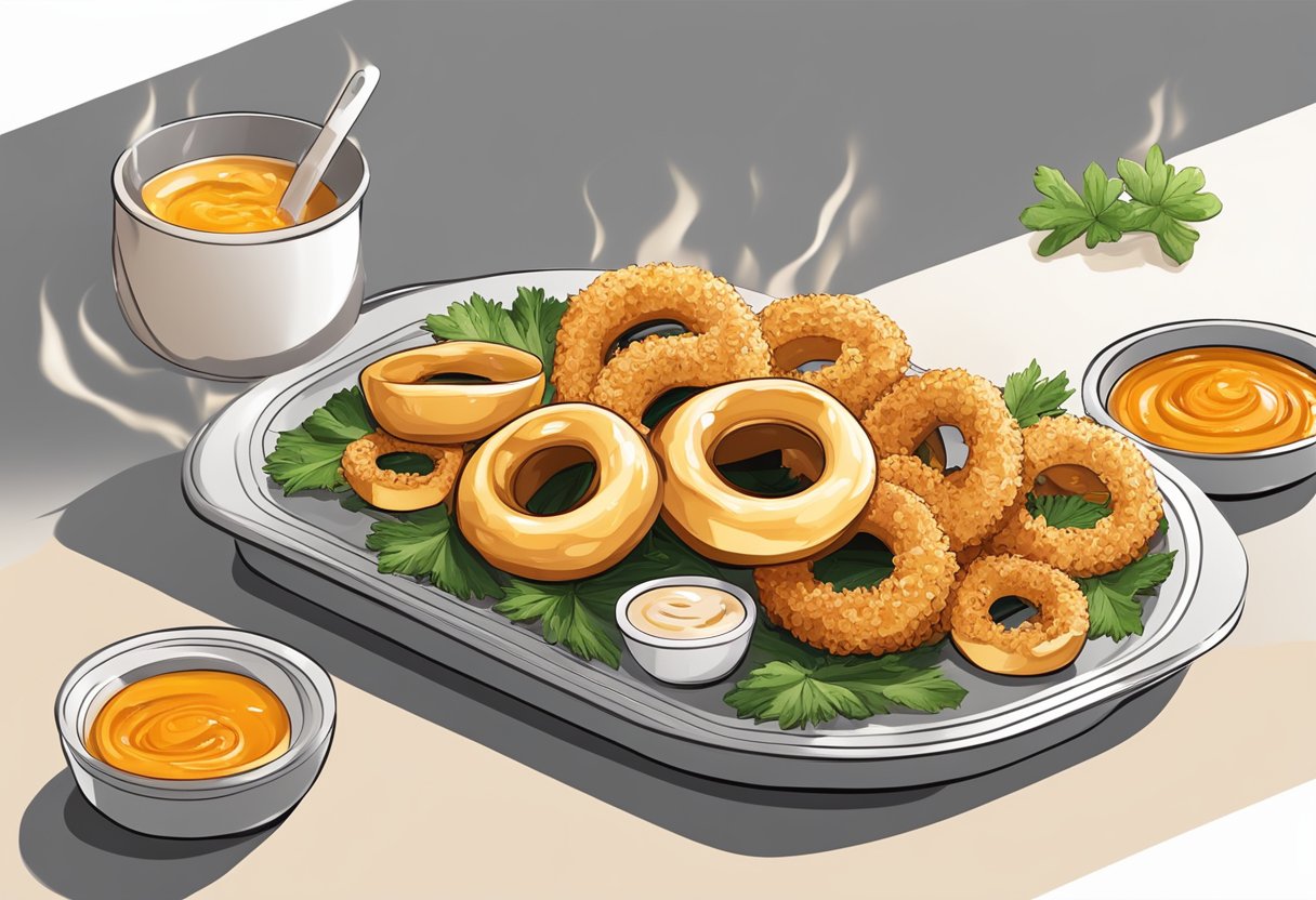 Sizzling squid rings in a hot pan, golden and crispy. Plating them on a white dish with a side of tangy dipping sauce