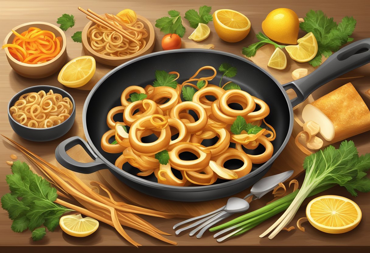 A sizzling pan of golden-brown squid rings, surrounded by vibrant ingredients and cooking utensils