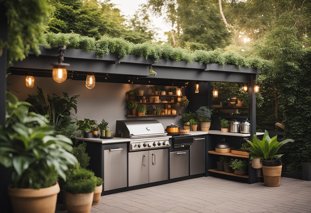 An outdoor kitchen with compact appliances and storage, surrounded by potted plants and cozy seating area