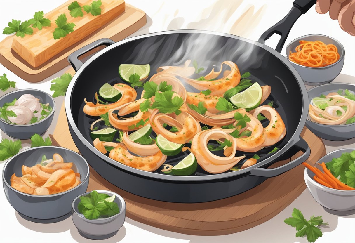 Squid slices sizzle in a hot pan, releasing a savory aroma. A chef adds herbs and spices, creating a mouthwatering dish