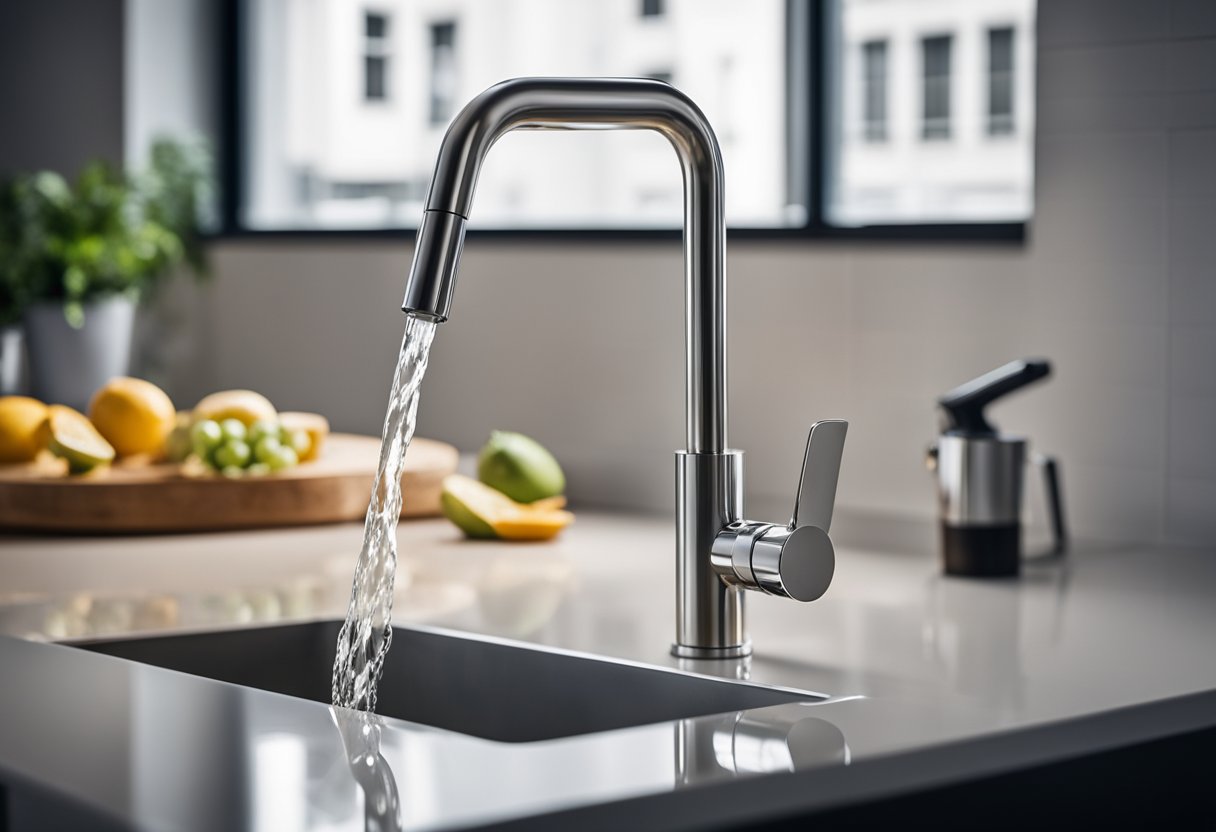 A sleek, modern kitchen water tap with a high-arc spout and a single lever handle, mounted on a stainless steel sink