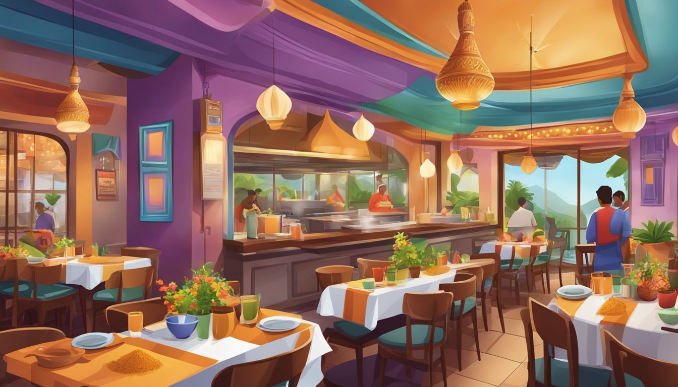 A bustling Indian restaurant with colorful decor, aromatic spices, and sizzling dishes on tables