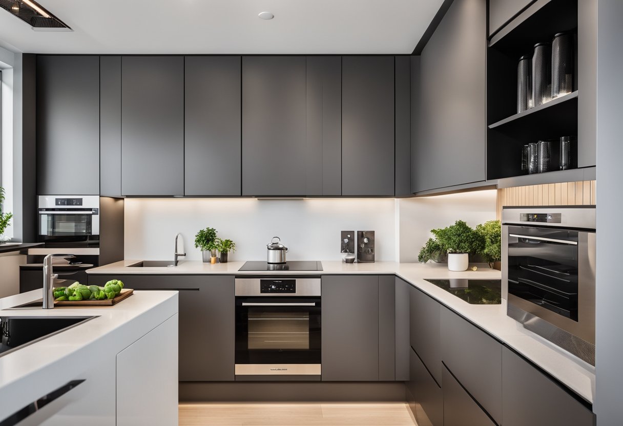 An L-shaped kitchen with modern cupboard designs, sleek handles, and integrated appliances