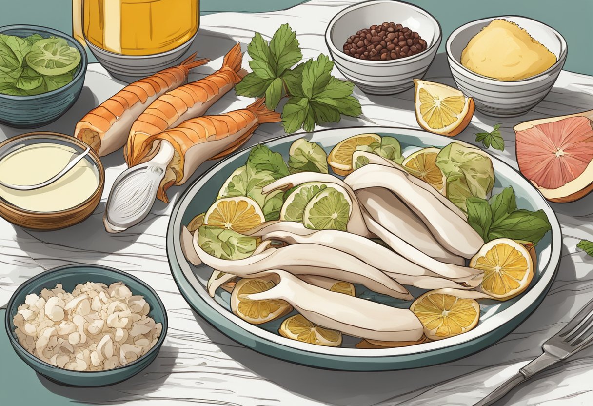 Squid slices arranged on a plate, surrounded by ingredients and utensils, with a recipe card titled "Frequently Asked Questions squid slices recipe"