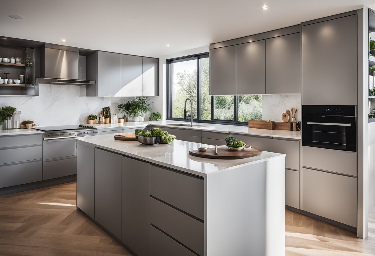 An L-shaped kitchen with sleek, modern cupboards, granite countertops, and stainless steel appliances. Large windows let in natural light, illuminating the clean, minimalist design