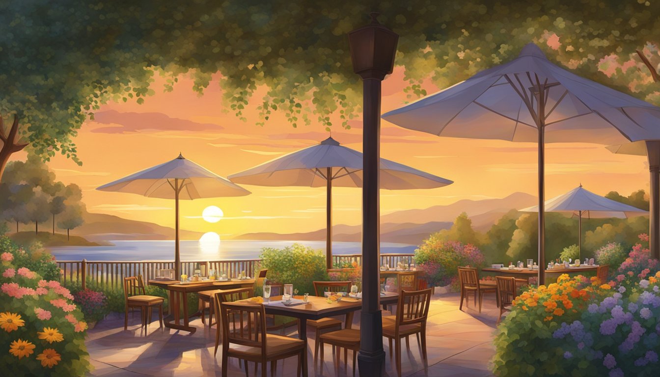 The sun sets behind the lush garden, casting a warm glow on the outdoor tables and colorful flowers. The aroma of fresh herbs and spices fills the air as diners enjoy their meals in the serene setting