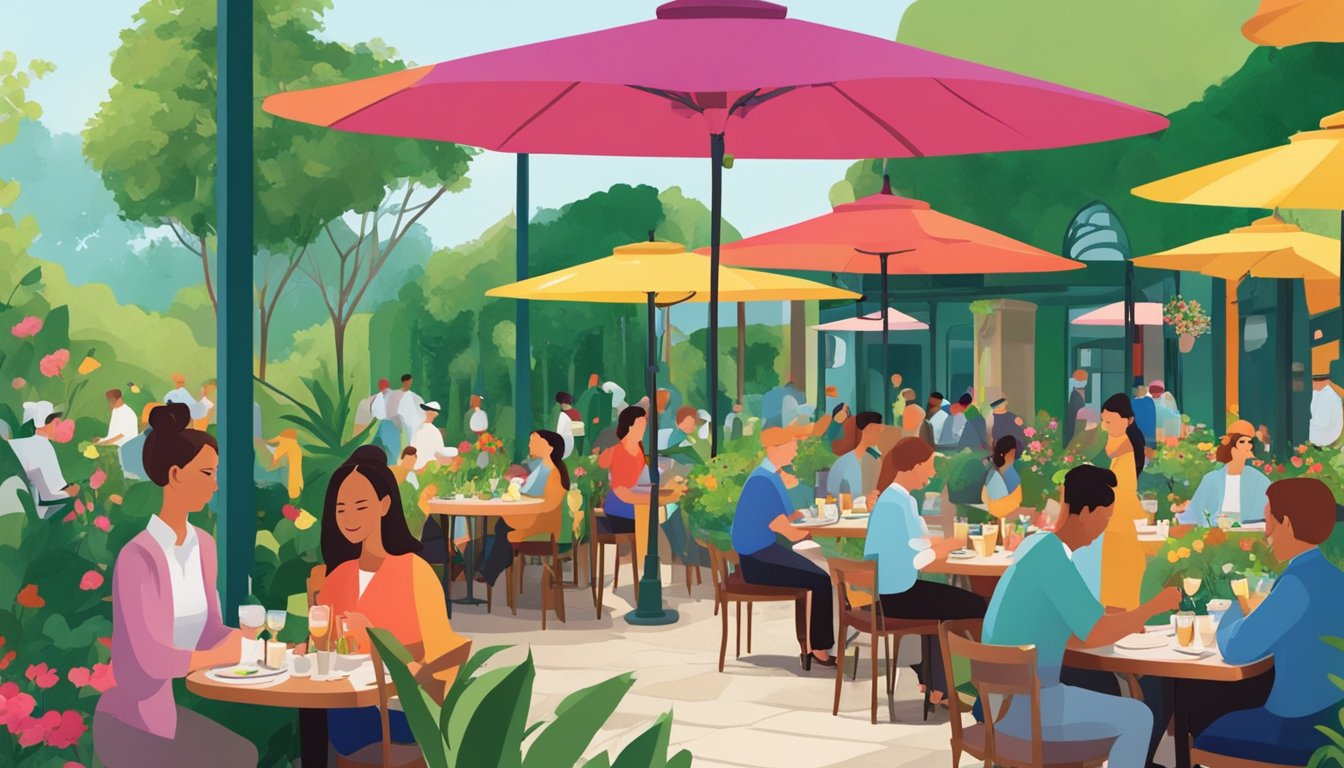 A bustling garden restaurant with colorful umbrellas, lush greenery, and vibrant flowers. Tables are filled with diners enjoying their meals as waitstaff move gracefully between them