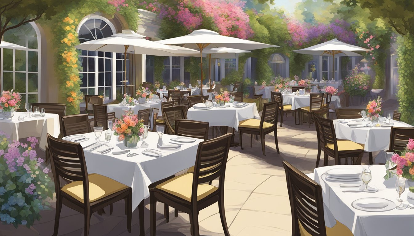 The jubilee garden restaurant bustles with diners enjoying the picturesque outdoor setting. Tables are adorned with elegant tableware and vibrant floral centerpieces, while the charming ambiance is enhanced by soft lighting and the sounds of clinking glasses and laughter