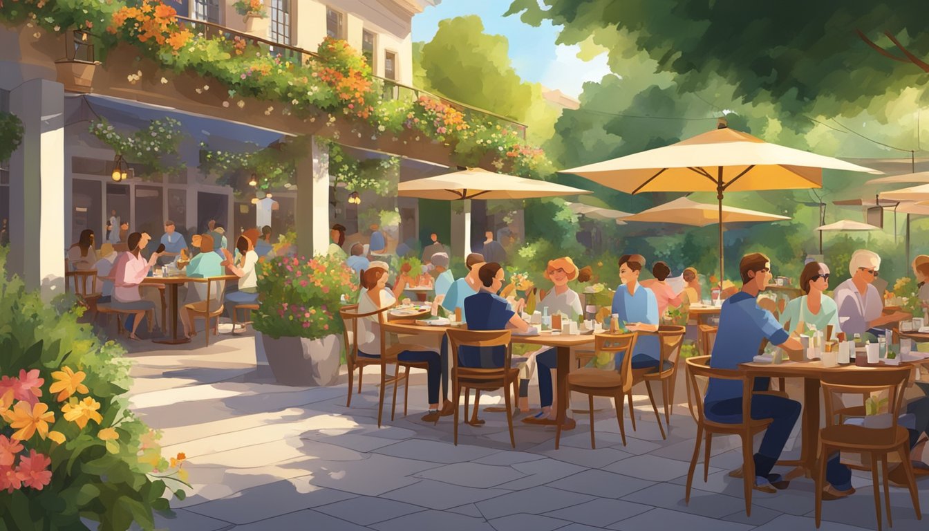 The bustling outdoor restaurant features a vibrant garden with colorful flowers and lush greenery. Tables are filled with happy diners enjoying their meals under the warm sunlight