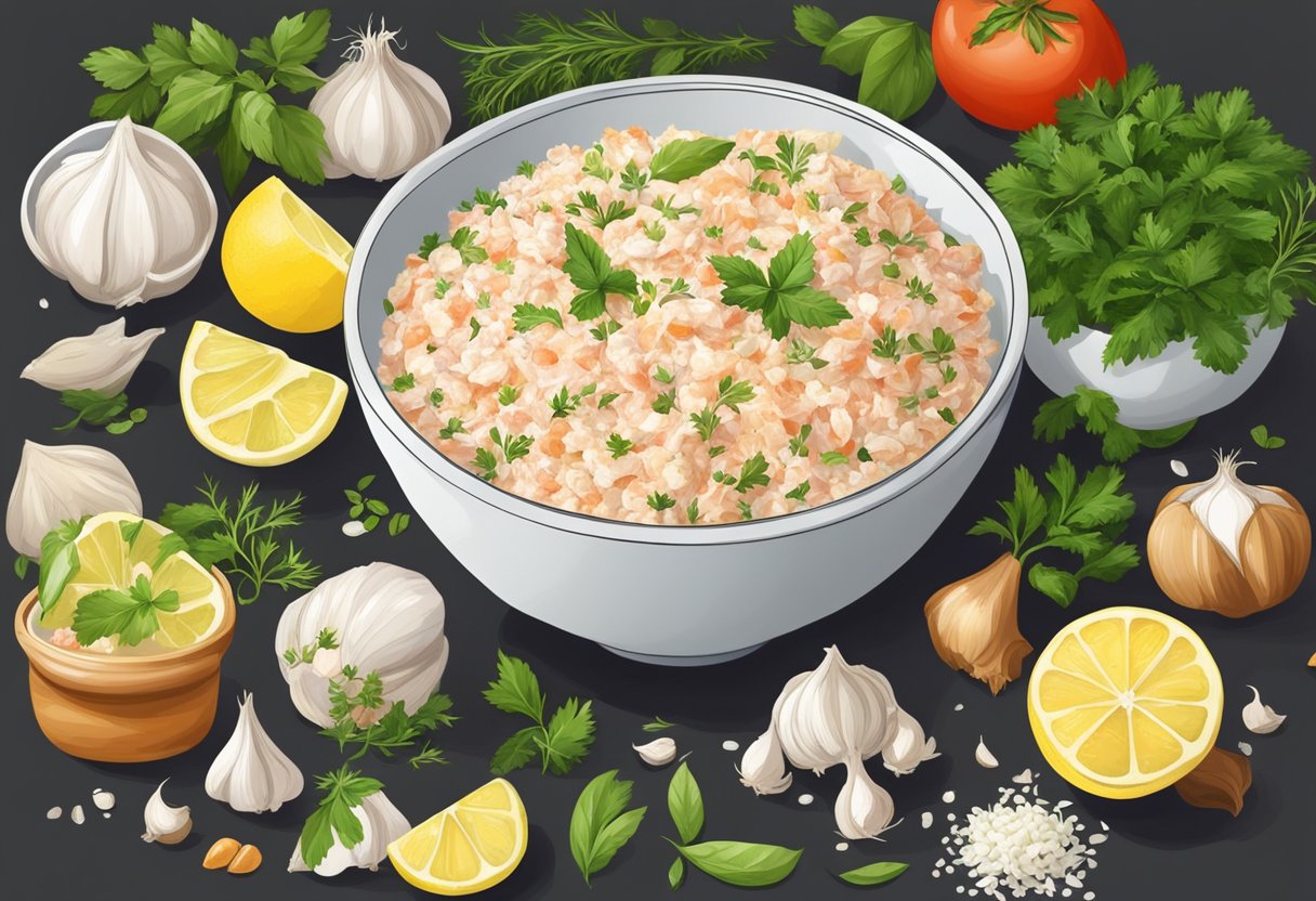 A bowl of frozen crab meat surrounded by ingredients like garlic, lemon, and herbs, ready to be prepared into a delicious recipe