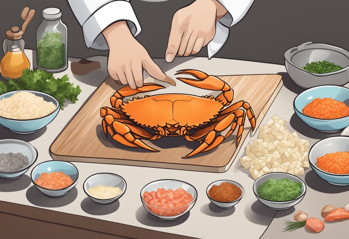 A chef opens a package of frozen crab meat, placing it on a cutting board with ingredients around it for a recipe