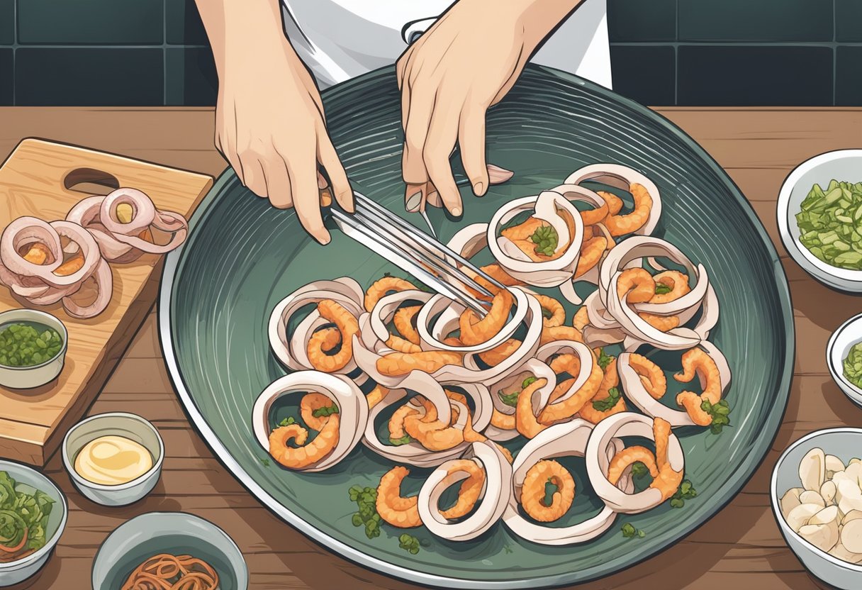 A chef prepares a squid recipe, slicing the fresh squid into rings and marinating them in a flavorful mixture before grilling them to perfection