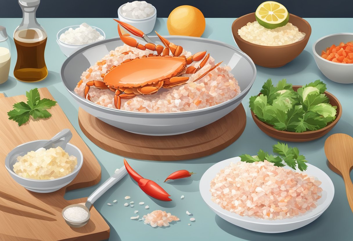 A bowl of frozen crab meat surrounded by ingredients, a cutting board, and cooking utensils on a kitchen counter