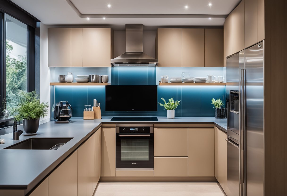 A modern kitchen with sleek L-shaped cupboards, clean lines, and integrated appliances. Bright lighting highlights the functional yet stylish design