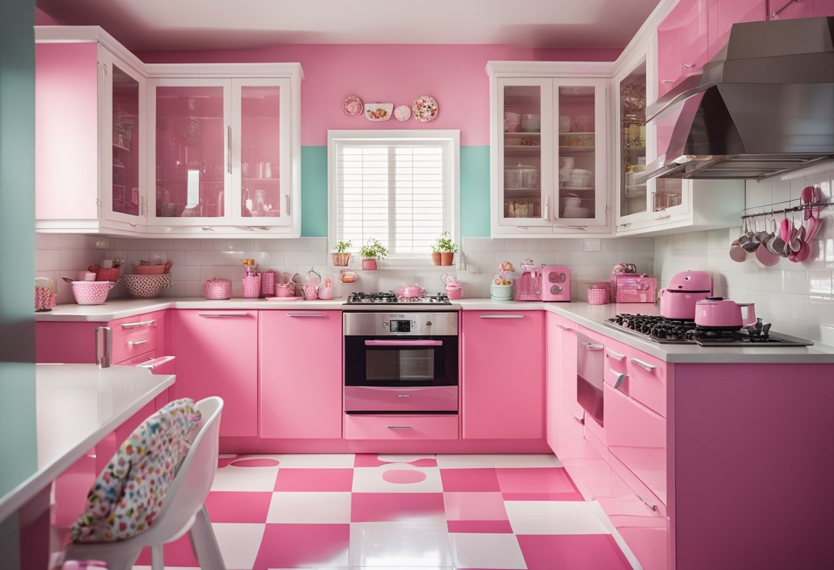 A bright and colorful kitchen with Hello Kitty-themed decor, including pink and white cabinets, a matching checkered floor, and adorable Hello Kitty appliances and accessories