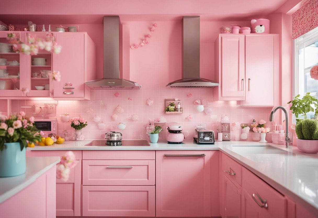 A bright, pastel-colored kitchen with Hello Kitty-themed appliances and decor. Pink walls, white cabinets, and Hello Kitty motifs on every surface