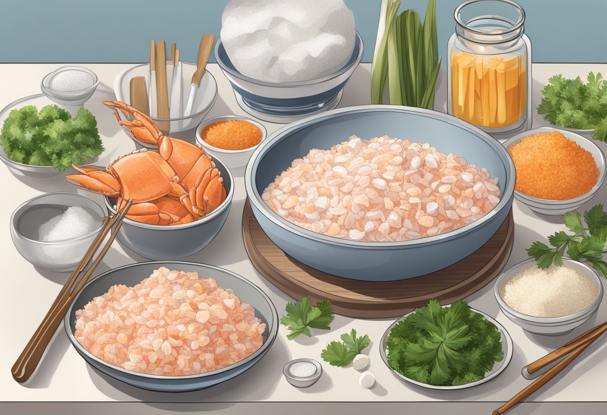 A bowl of frozen crab meat surrounded by ingredients and cooking utensils on a kitchen counter