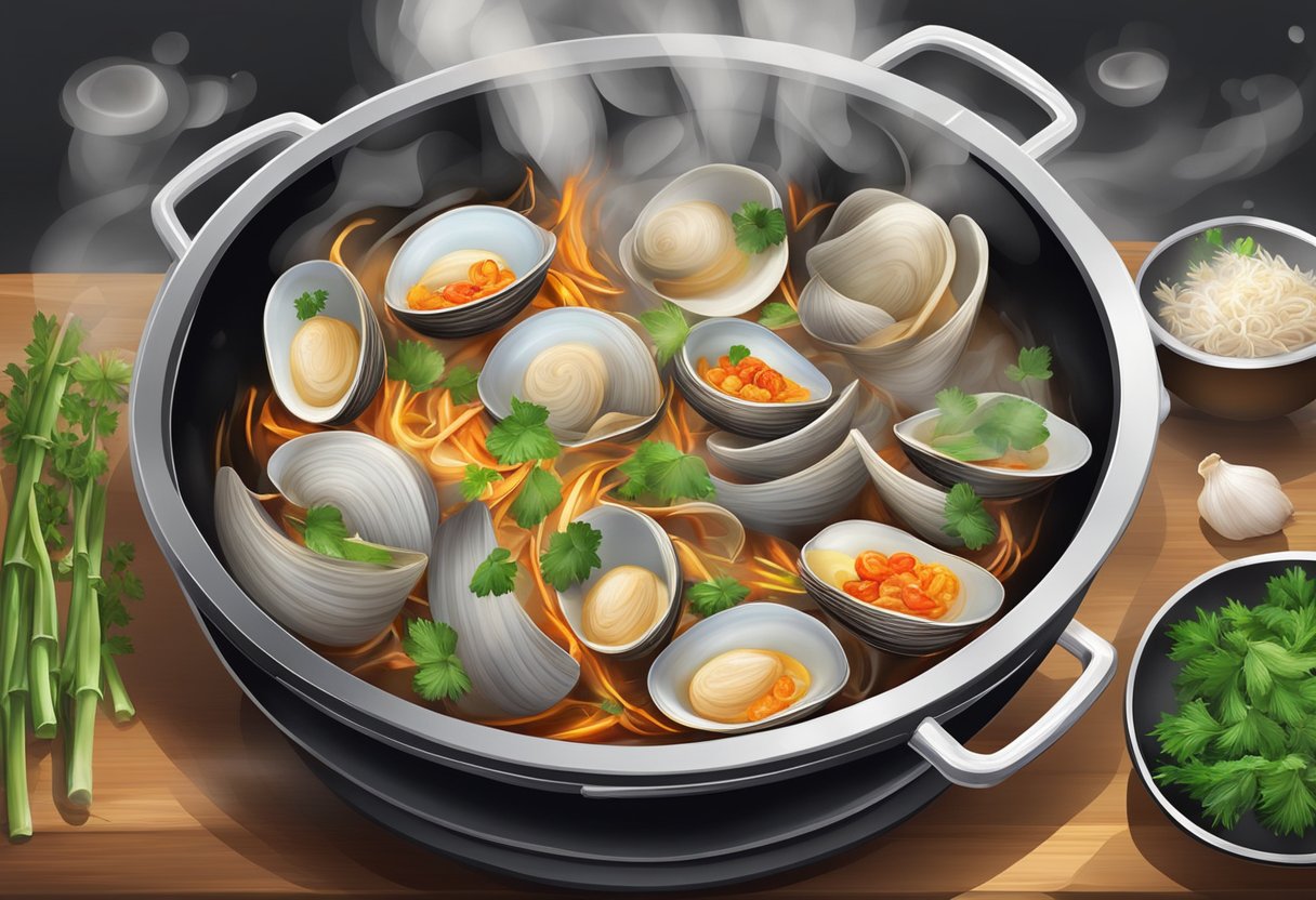 Bamboo clams sizzling in a wok with garlic, chili, and herbs. Aromatic steam rises as the ingredients are tossed together