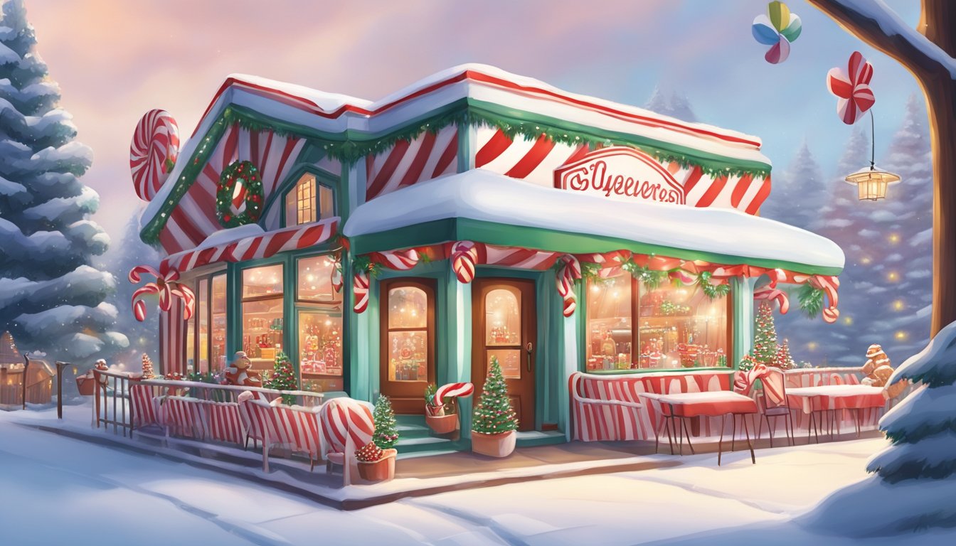 A cozy peppermint restaurant with candy cane striped awnings, gingerbread house architecture, and a snow-covered outdoor patio