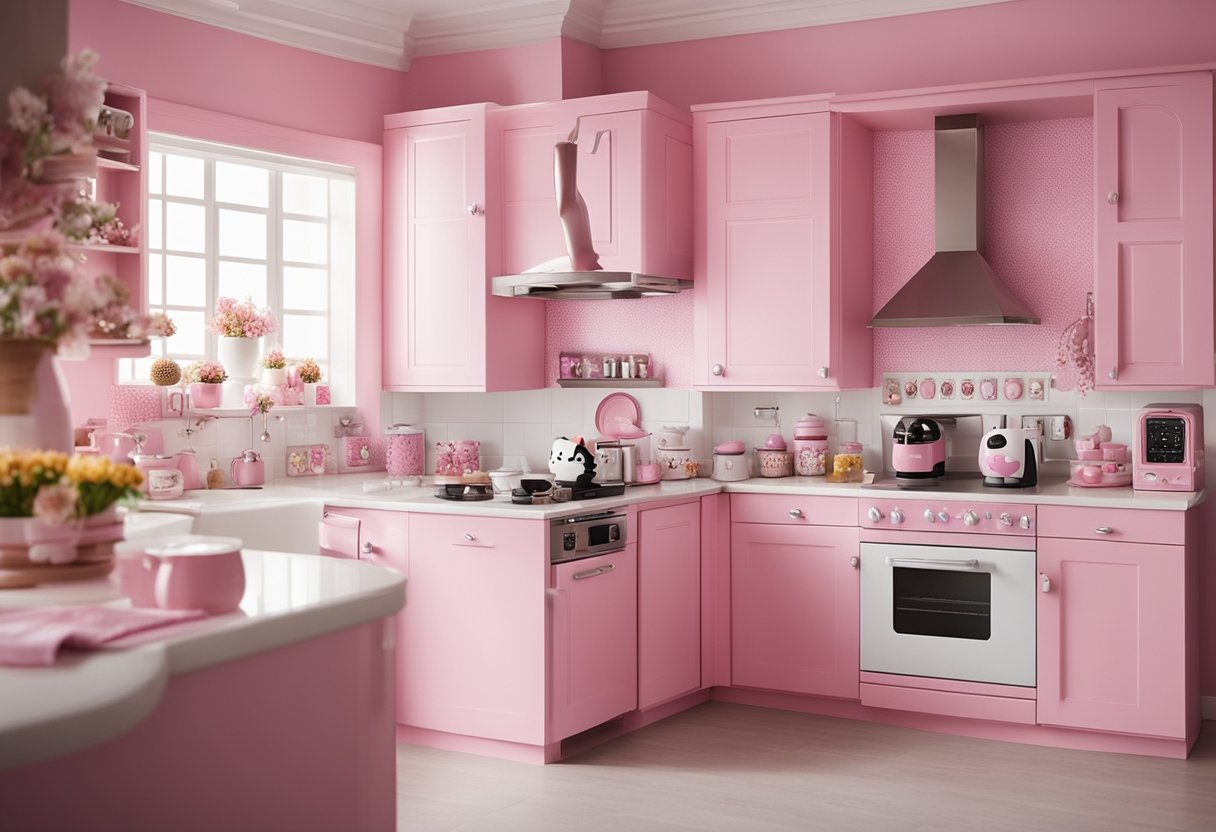 A bright, whimsical kitchen filled with Hello Kitty-themed items: toaster, mugs, apron, and utensils. Pink and white color scheme with adorable character motifs