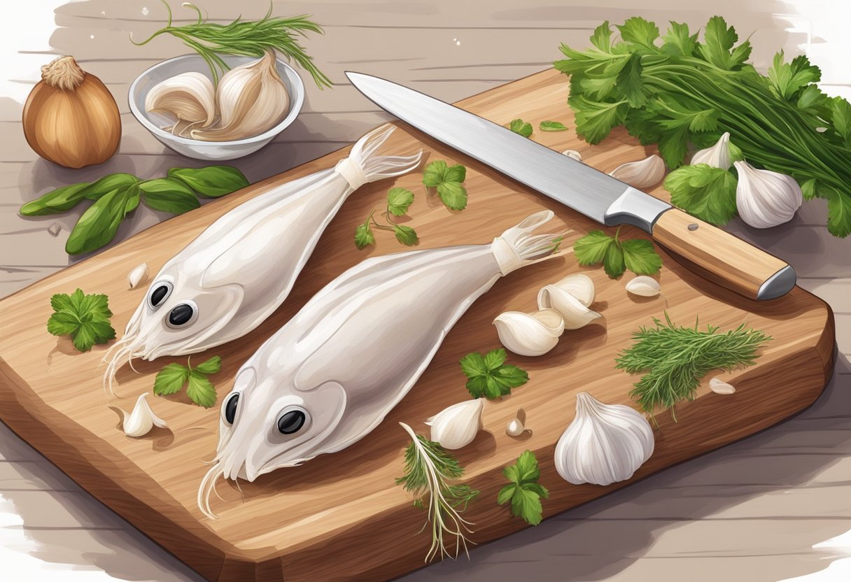 A cutting board with fresh squid, garlic, and herbs. A knife slicing through the squid, preparing it for cooking