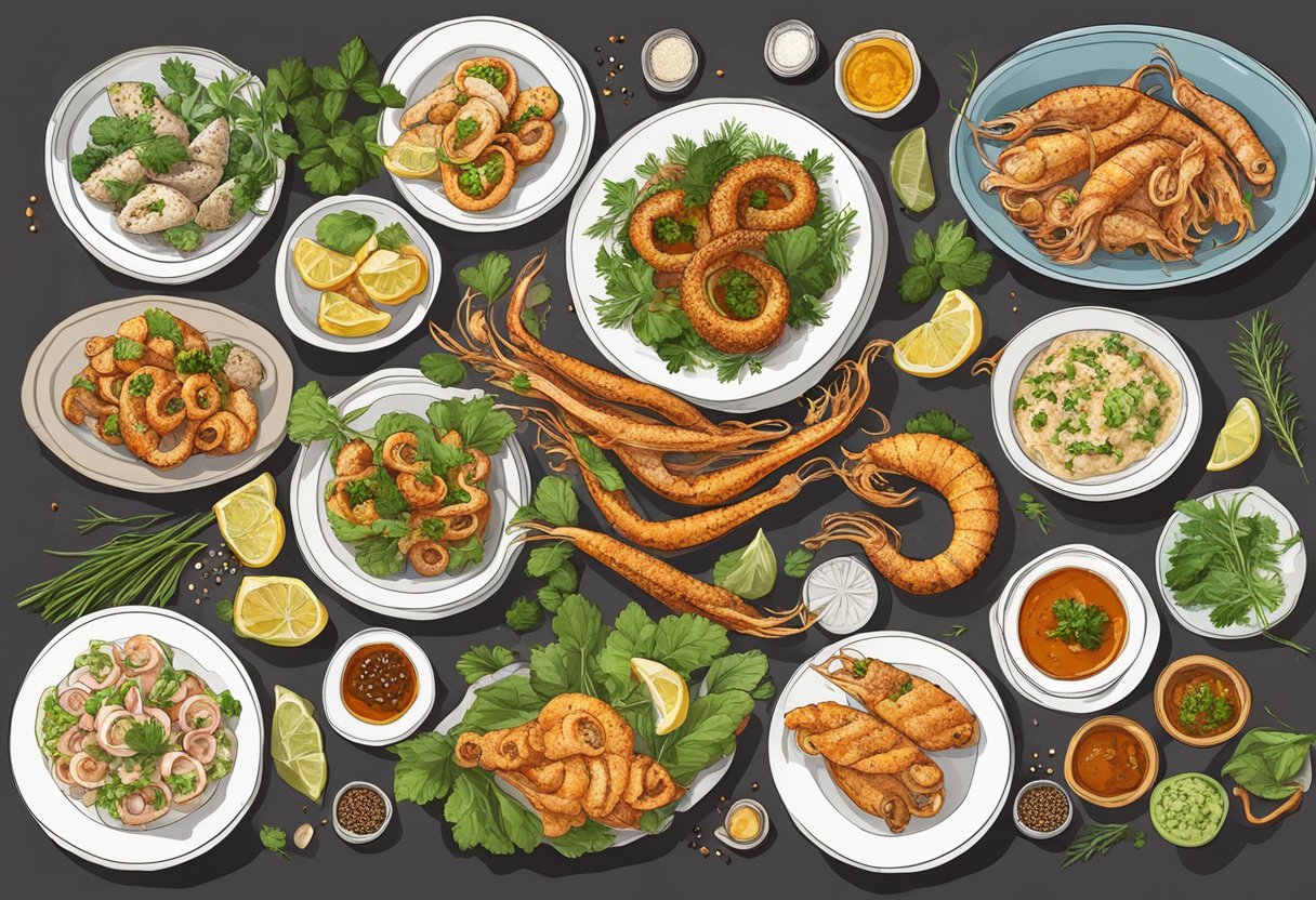 A table set with various squid dishes: grilled, fried, and stuffed, surrounded by herbs and spices