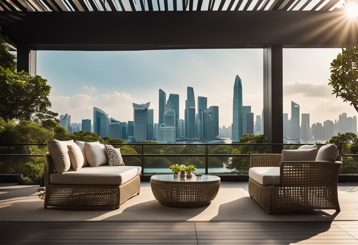 A modern outdoor setting with Dedon furniture in a lush garden overlooking the Singapore skyline