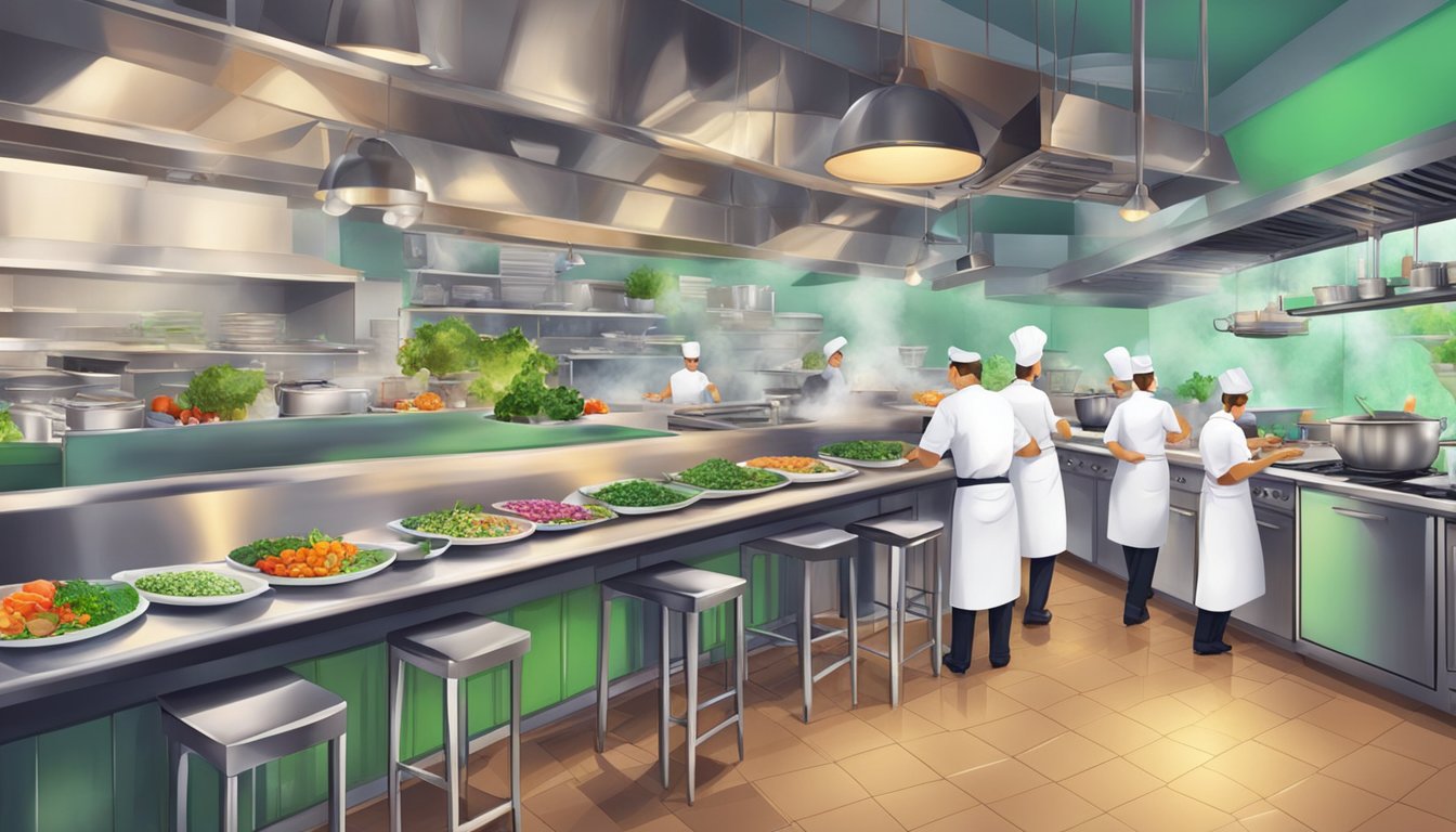 The bustling kitchen at Culinary Delights peppermint restaurant, with chefs preparing colorful dishes and the aroma of fresh herbs filling the air