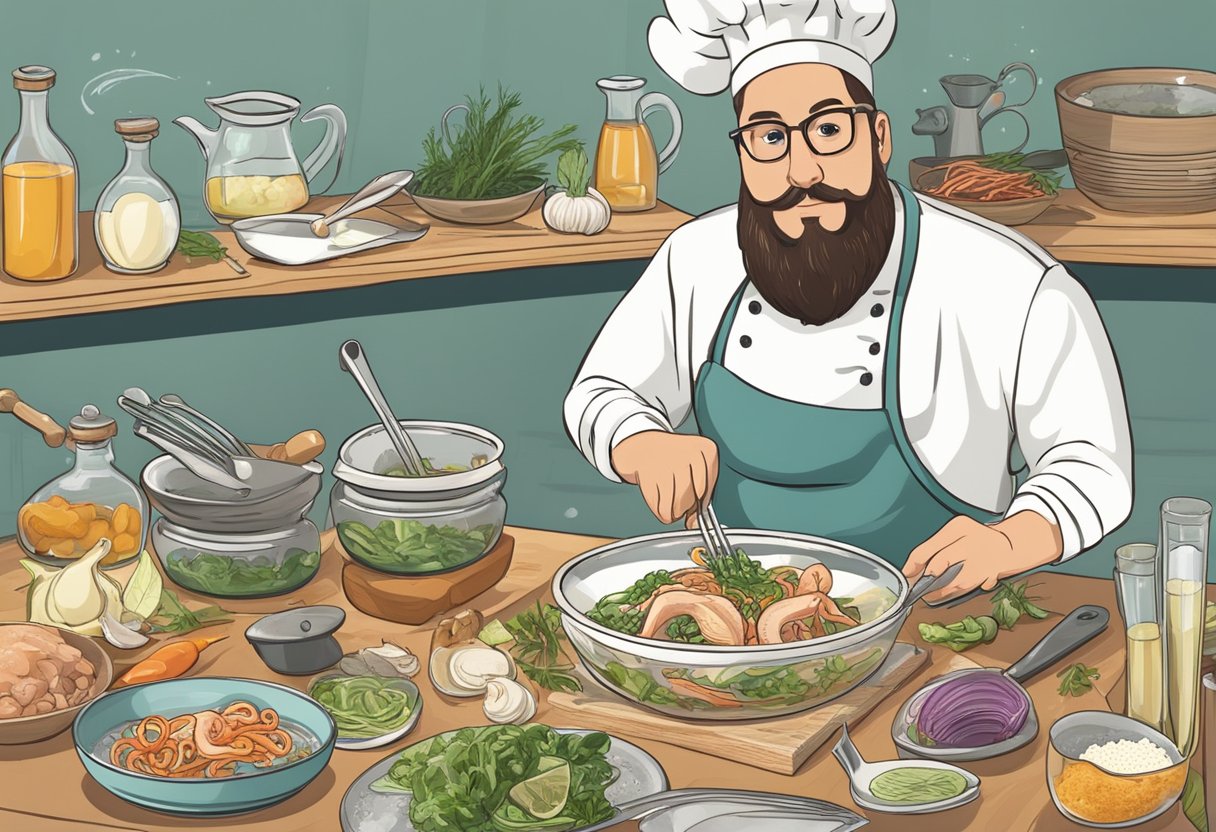 A chef prepares a squid dish while surrounded by ingredients and utensils. The recipe book is open to the "Frequently Asked Questions squid recipe."